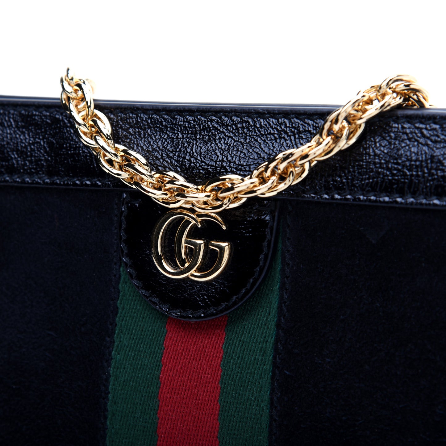Suede Patent GG Web Small Ophidia Chain Shoulder Bag Black