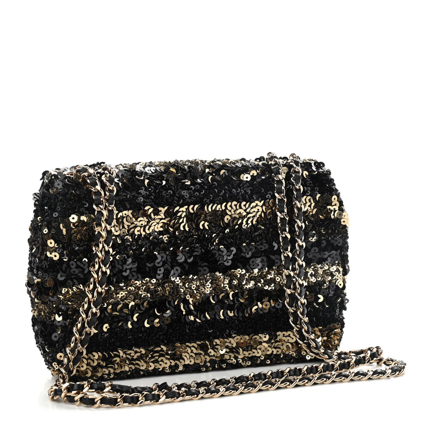Sequin Striped Classic Mini Flap Black Gold