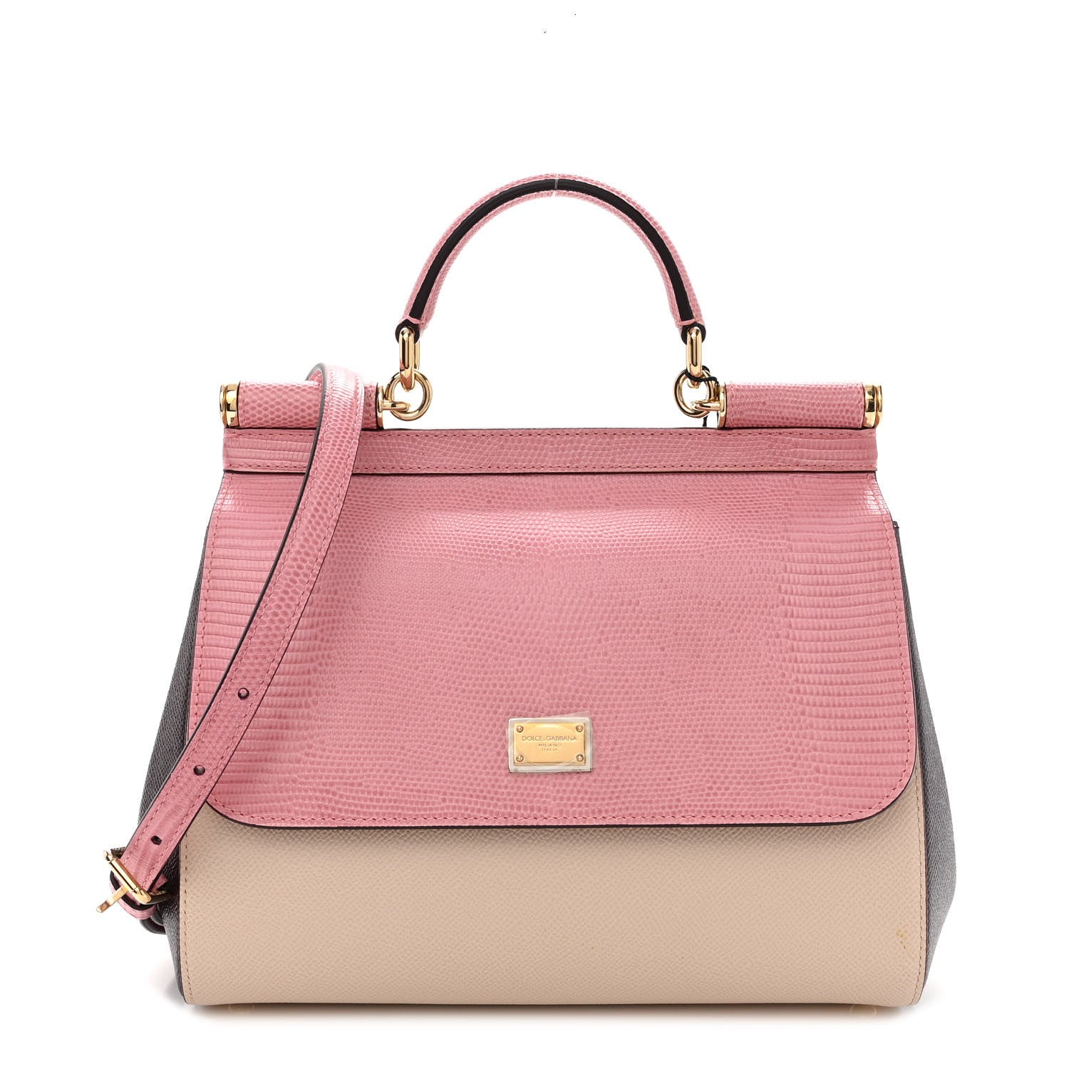 Dolce & Gabbana Lizard Calfskin Embossed Medium Miss Sicily Satchel Pink Beige 1 of 11