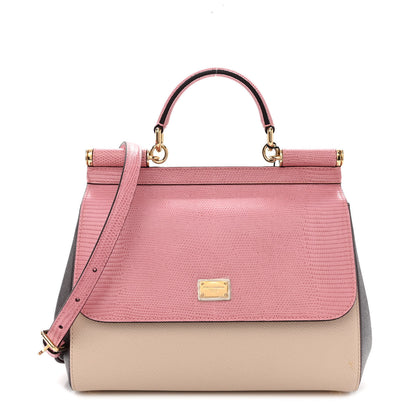 Dolce & Gabbana Lizard Calfskin Embossed Medium Miss Sicily Satchel Pink Beige 1 of 11