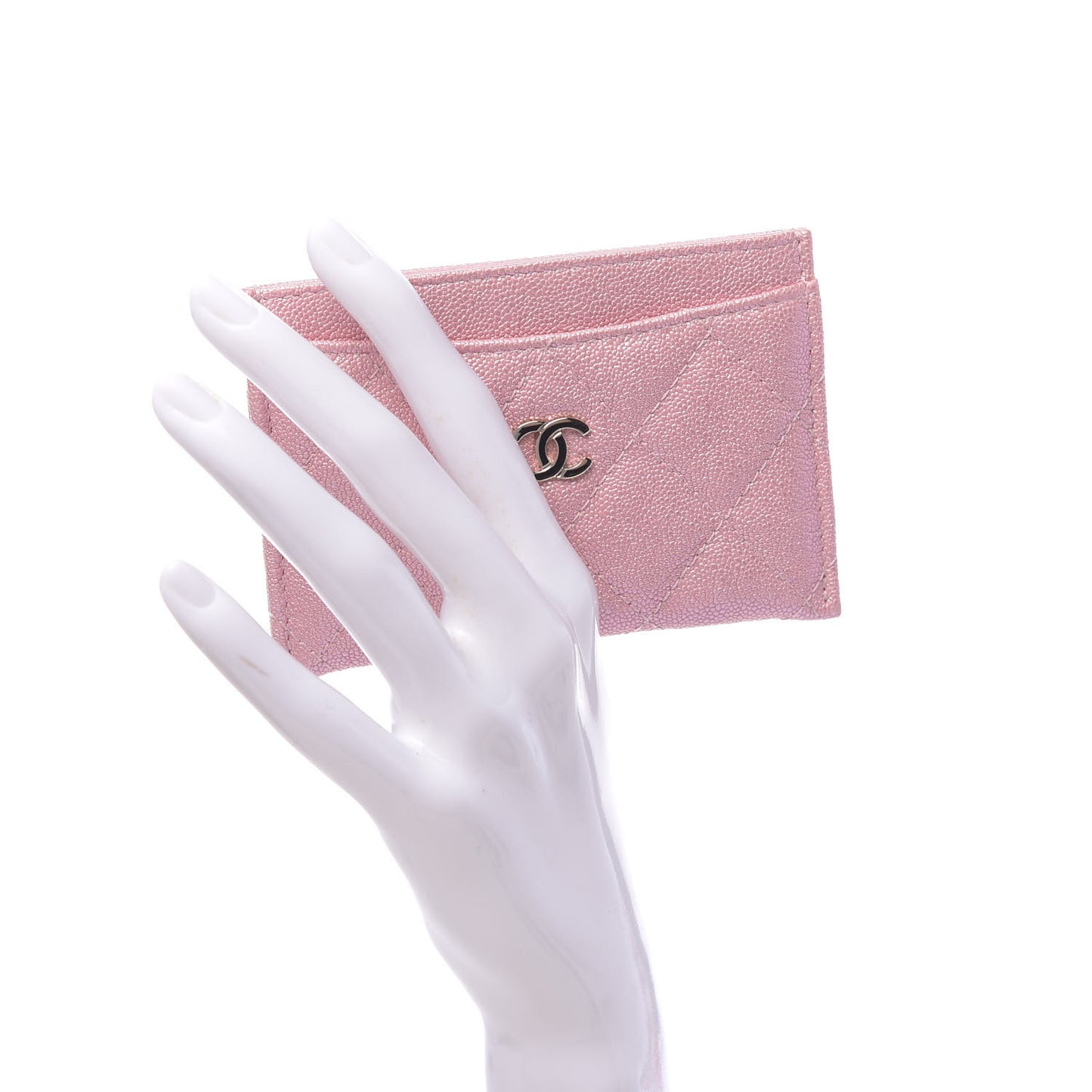 Iridescent Caviar Quilted Card Holder Rose Pink