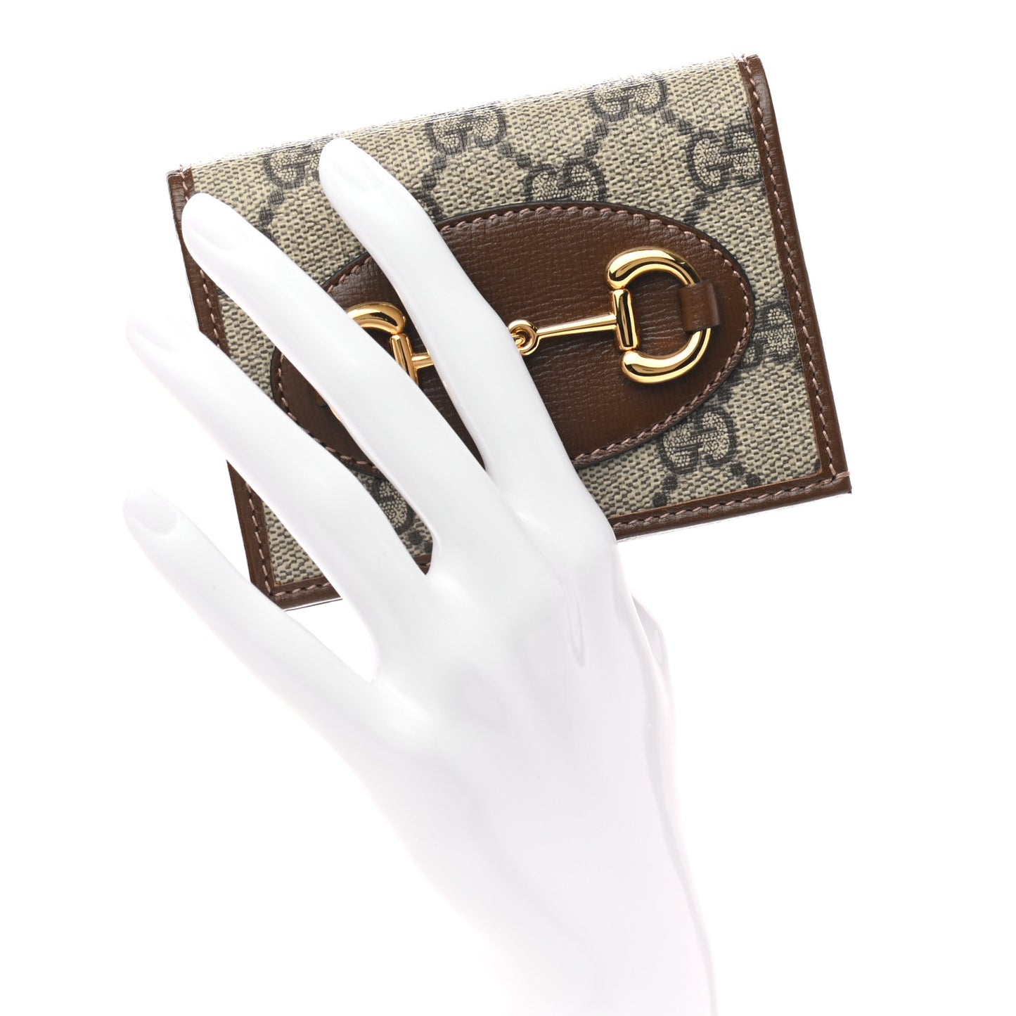 GG Supreme Monogram Horsebit 1955 Card Case Wallet Beige Ebony Brown Sugar