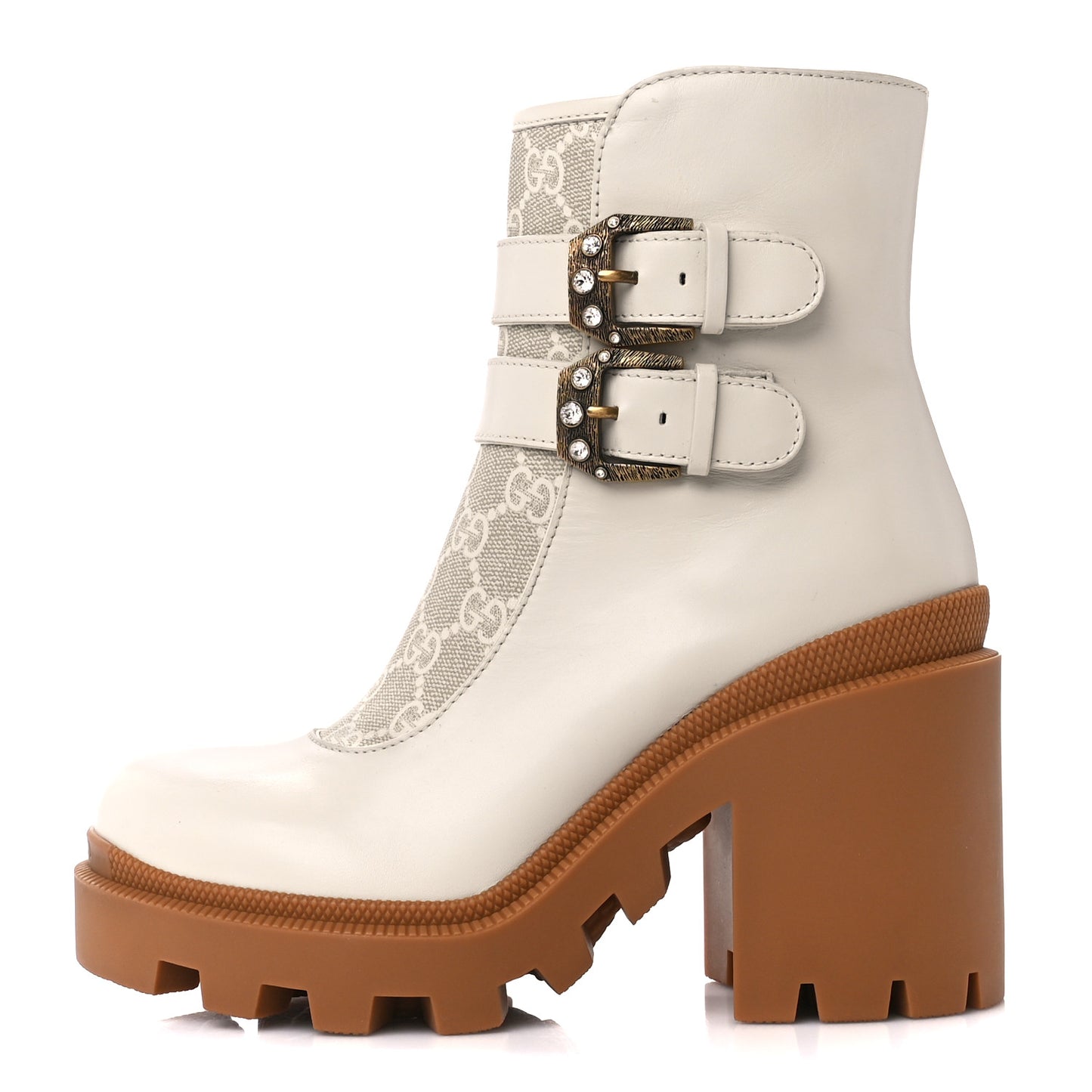 Kensington Calfskin Nappa GG Supreme Monogram Womens Double Buckle Ankle Boots 35.5 Mystic White Beige