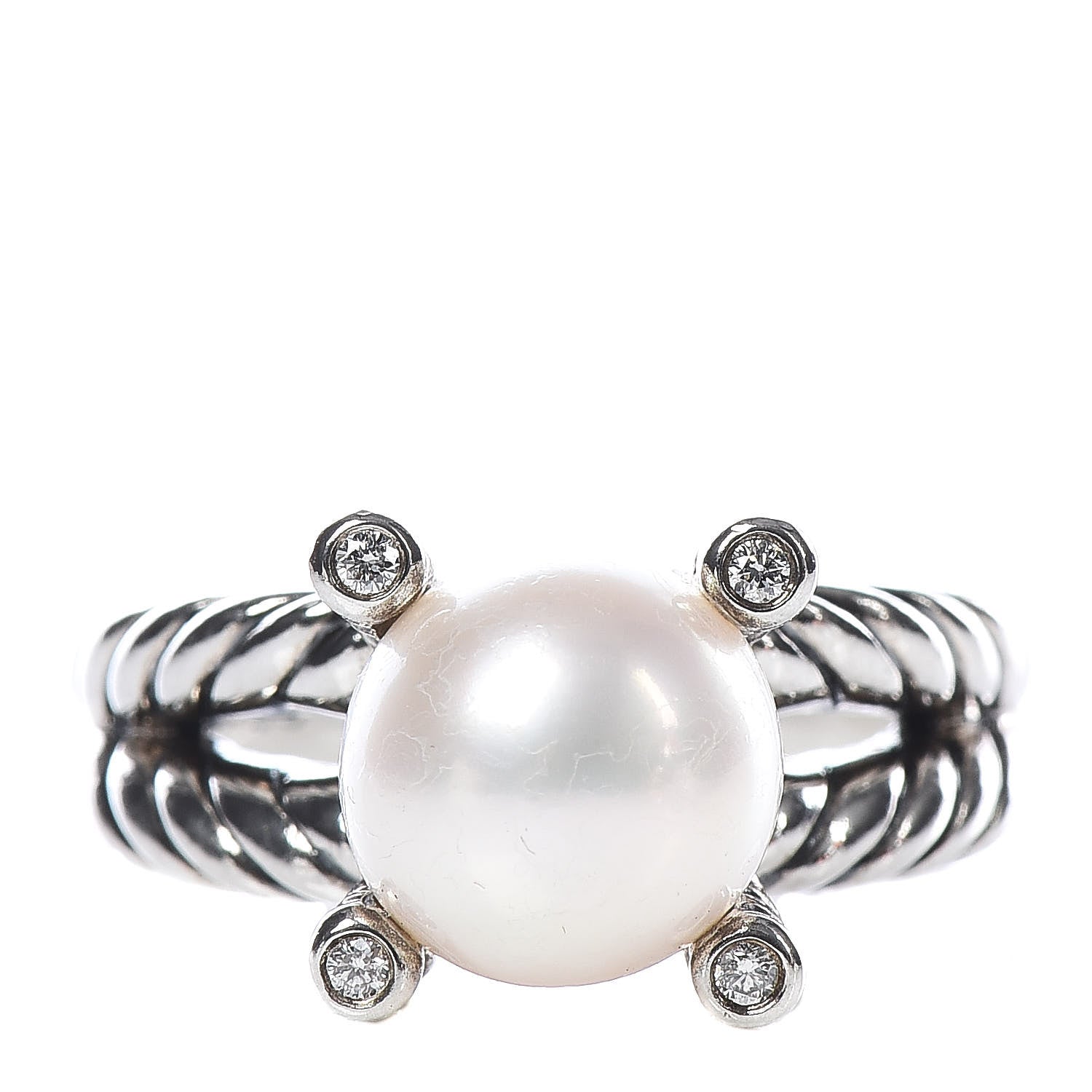 David Yurman Sterling Silver Diamond Pearl 10mm Cable Ring 54 7 1 of 5