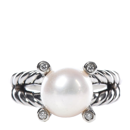 David Yurman Sterling Silver Diamond Pearl 10mm Cable Ring 54 7 1 of 5