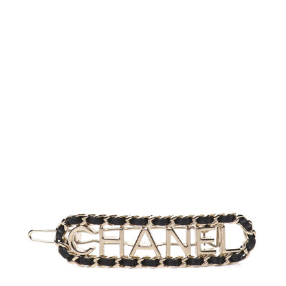 Chanel Metal Lambskin Vintage Allure Logo Hair Clip Black Gold 1 of 4