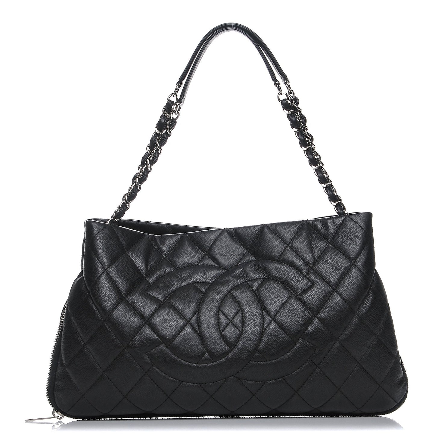 Caviar Quilted Expandable Zip Shoulder Bag Black