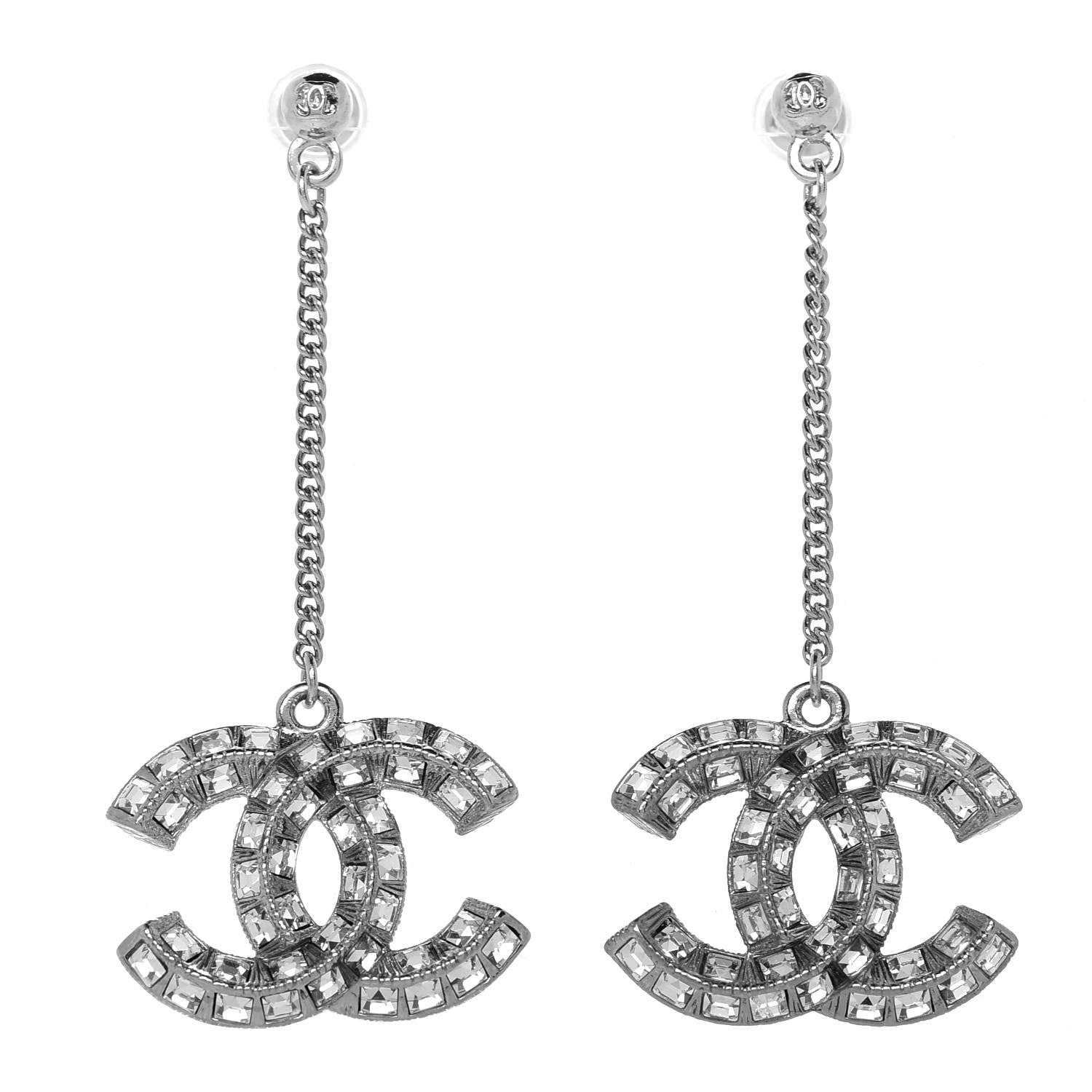 Chanel Baguette Crystal CC Drop Earrings Silver 1 of 4