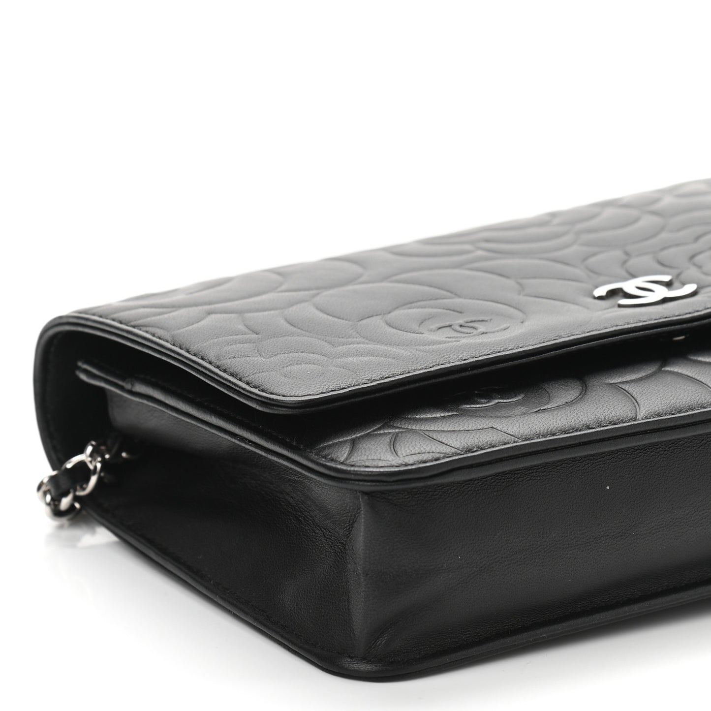 Lambskin Camellia Embossed Wallet on Chain WOC Black