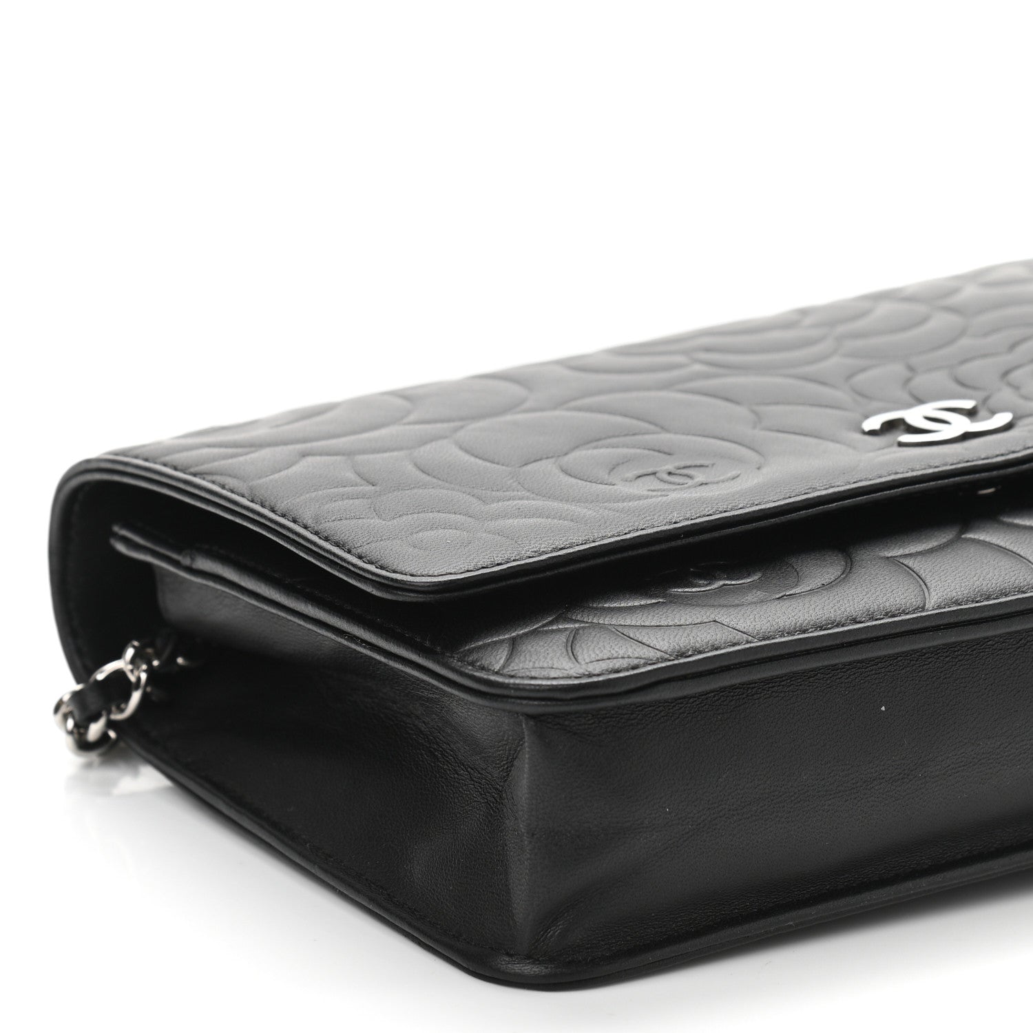 Chanel Lambskin Camellia Embossed Wallet on Chain WOC Black 10 of 12