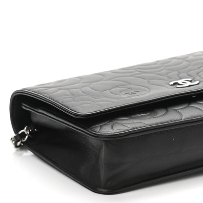 Chanel Lambskin Camellia Embossed Wallet on Chain WOC Black 10 of 12