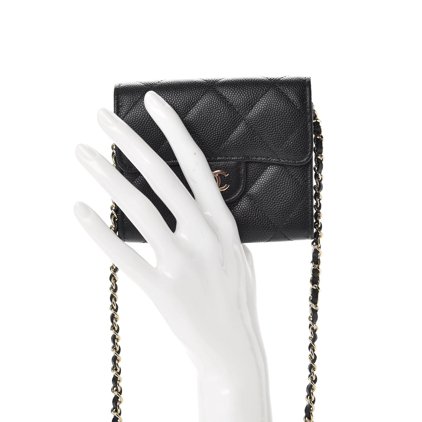 Caviar Quilted Flap Card Holder On Chain Black