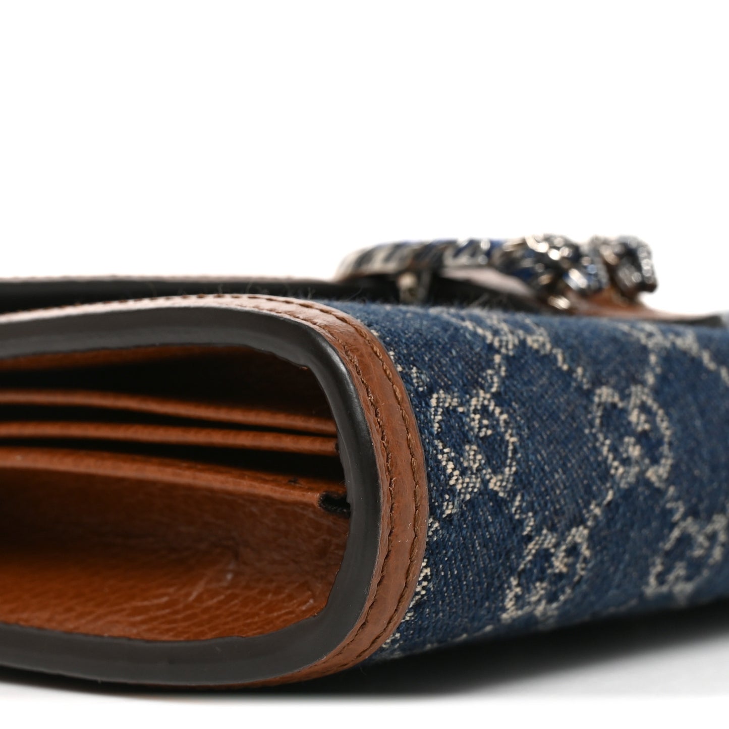 New Denim GG Monogram Dollar Calfskin Enamel Mini Dionysus Chain Wallet Blue Tea Cuir Epilog Electric Blue