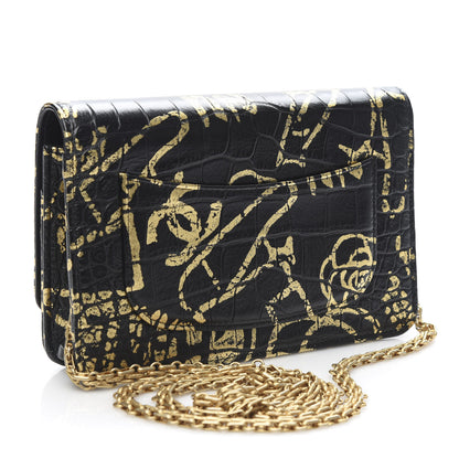 Chanel Calfskin Crocodile Embossed Graffiti 2.55 Cocodile Reissue Wallet On Chain WOC Black Gold 3 of 12