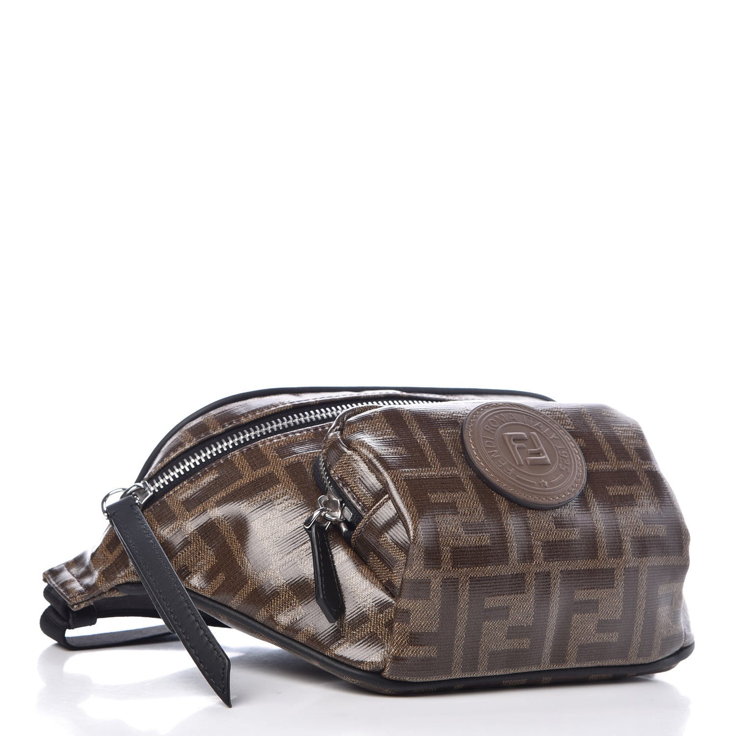 Glazed Fabric Vitello Century FF 1974 Stamp Patch Mens Pocket Belt Bag Mogano Panna Black