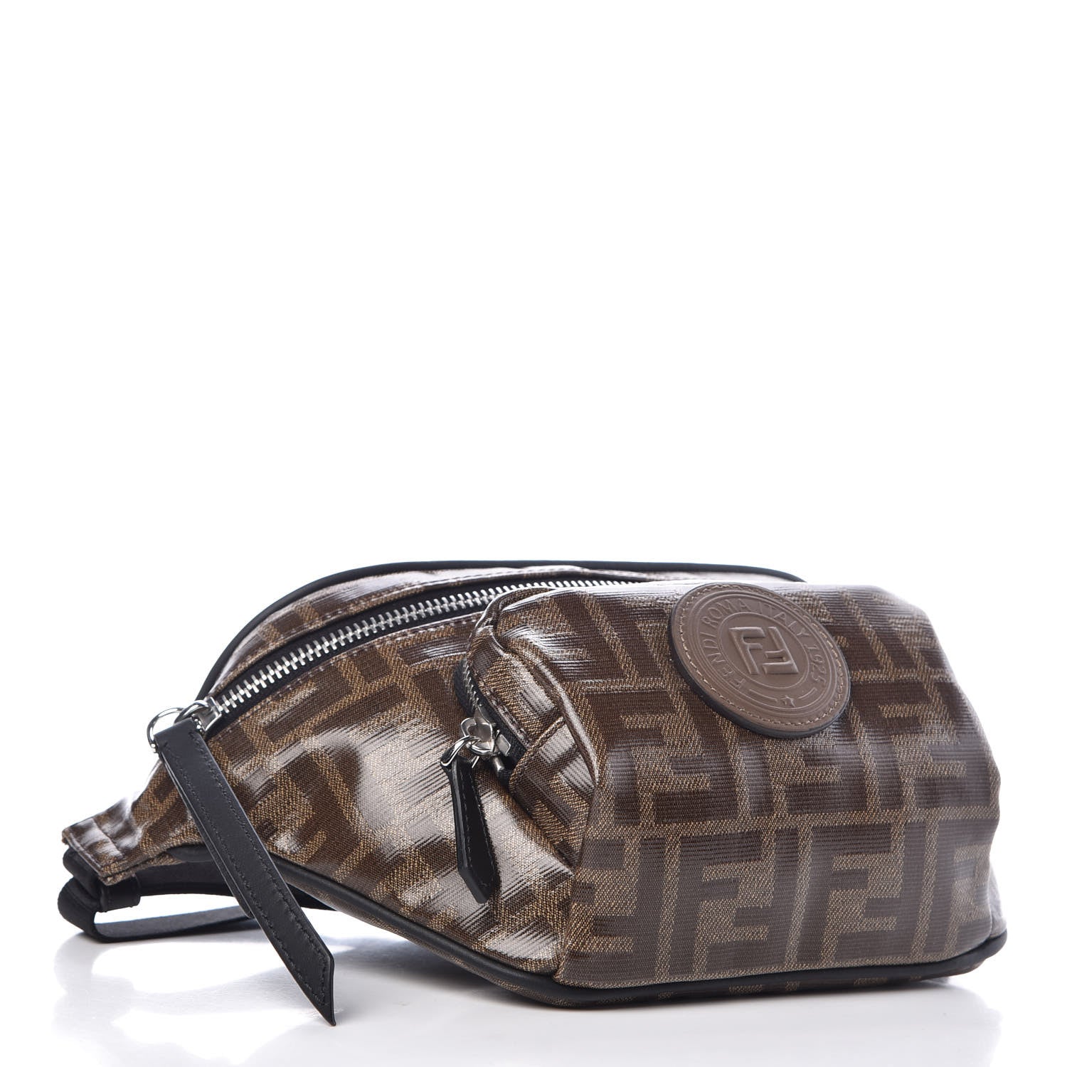 Fendi Glazed Fabric Vitello Century FF 1974 Stamp Patch Mens Pocket Belt Bag Mogano Panna Black 4 of 7