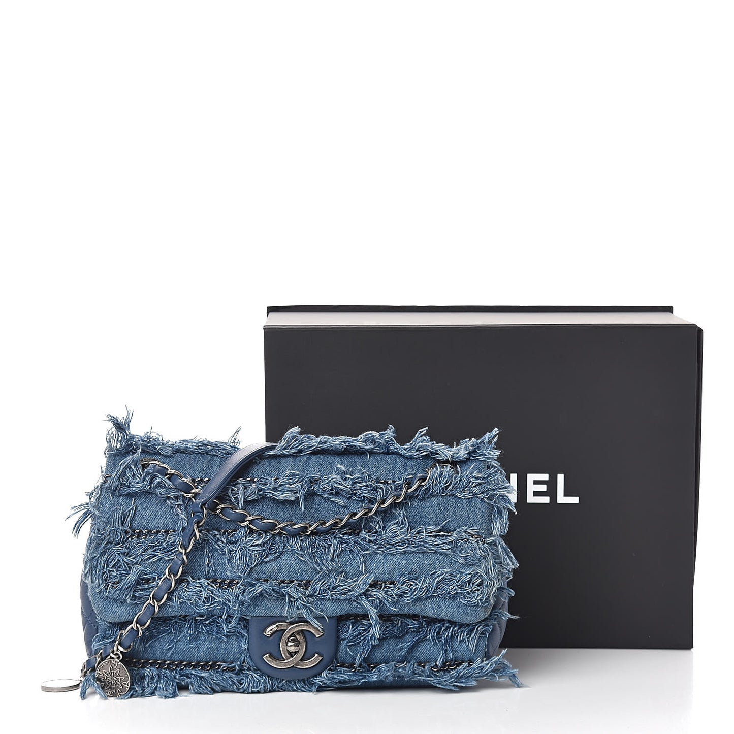 Calfskin Denim Fringe Chains Small Flap Blue