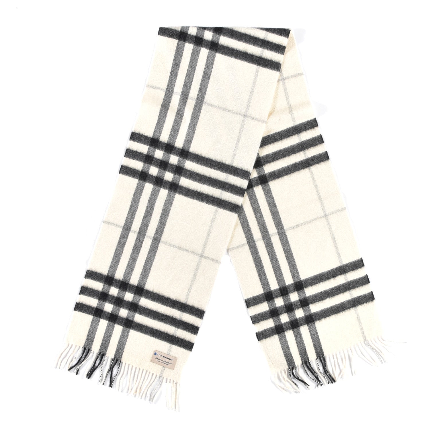 Burberry Cashmere Giant Check Icon Stripe Fringe Scarf Natural White 2 of 4