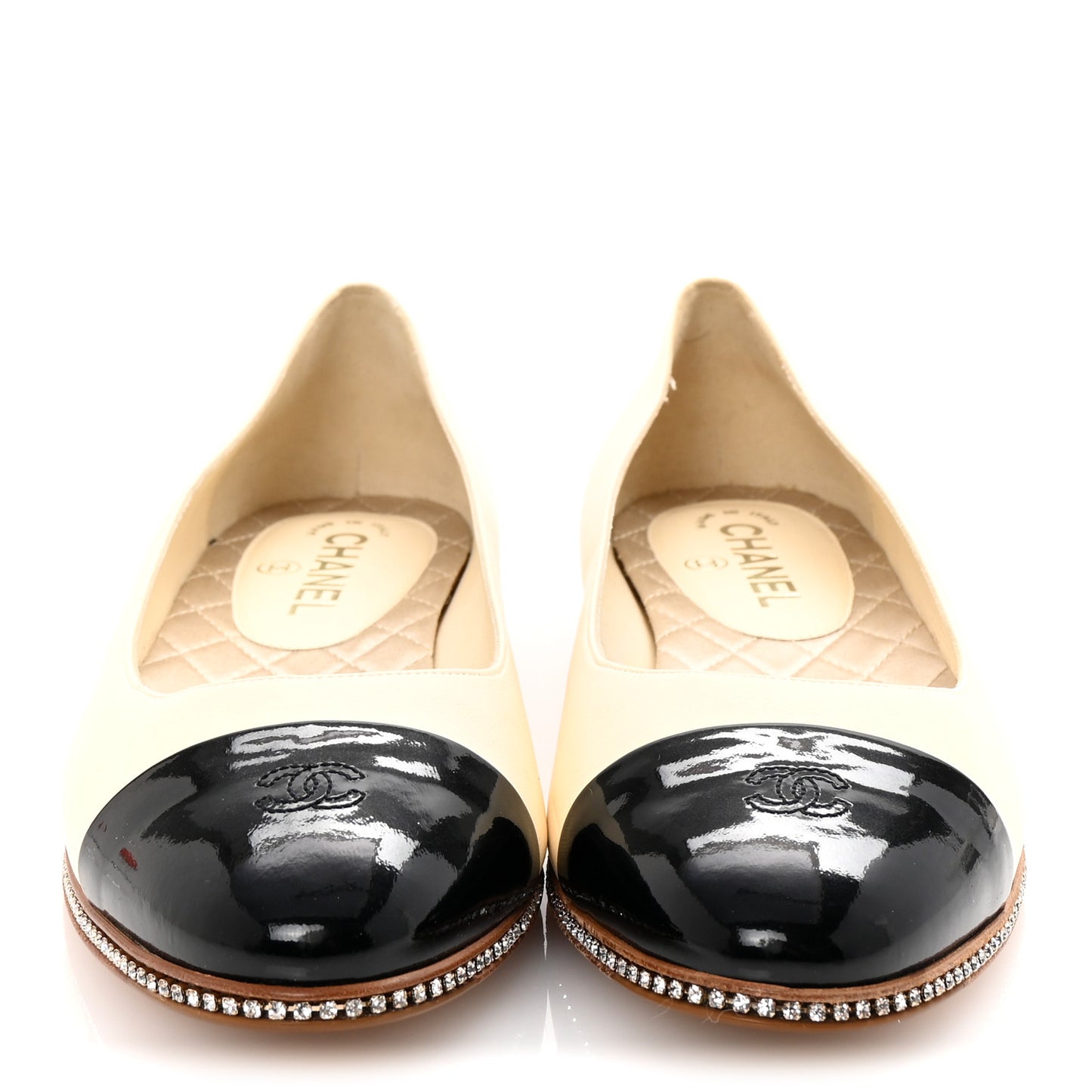 Patent Lambskin Crystal CC Cap Toe Ballerina Flats 40 Beige Black