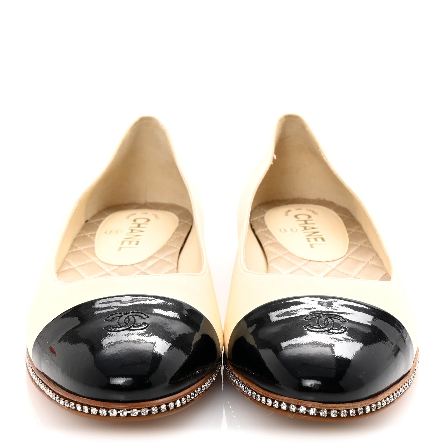 Chanel Patent Lambskin Crystal CC Cap Toe Ballerina Flats 40 Beige Black 3 of 9