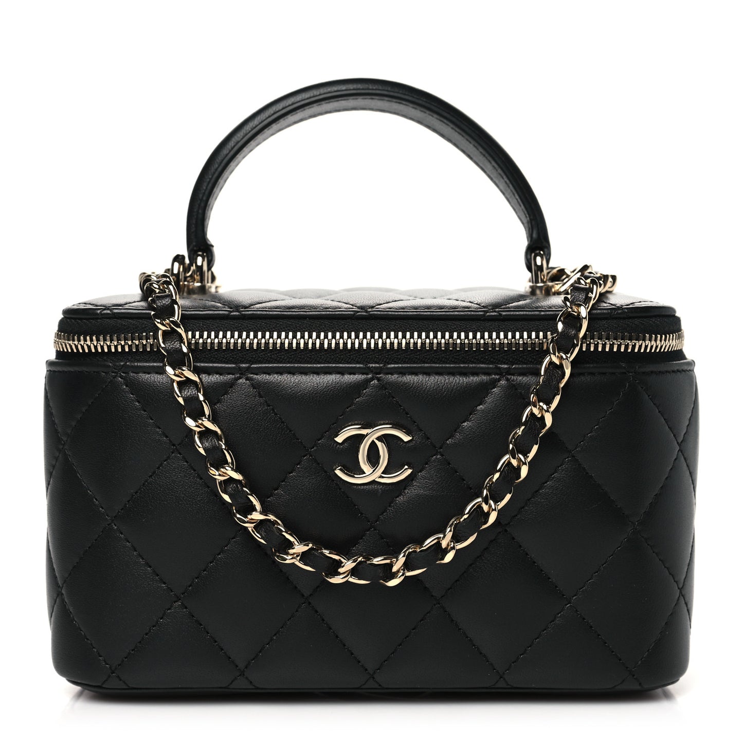 Lambskin Quilted Small Top Handle Vanity Case With Chain Black