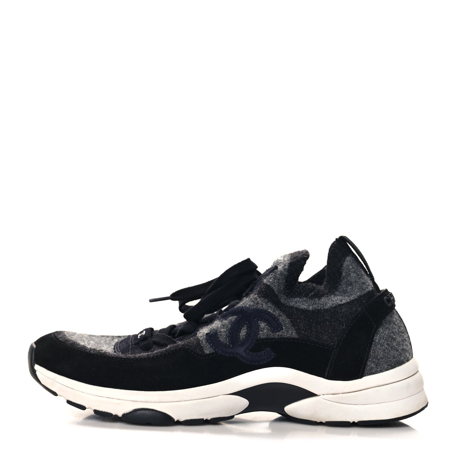 Chanel Knit Fabric Suede Calfskin Womens CC Sneakers 40.5 Grey Black 1 of 7