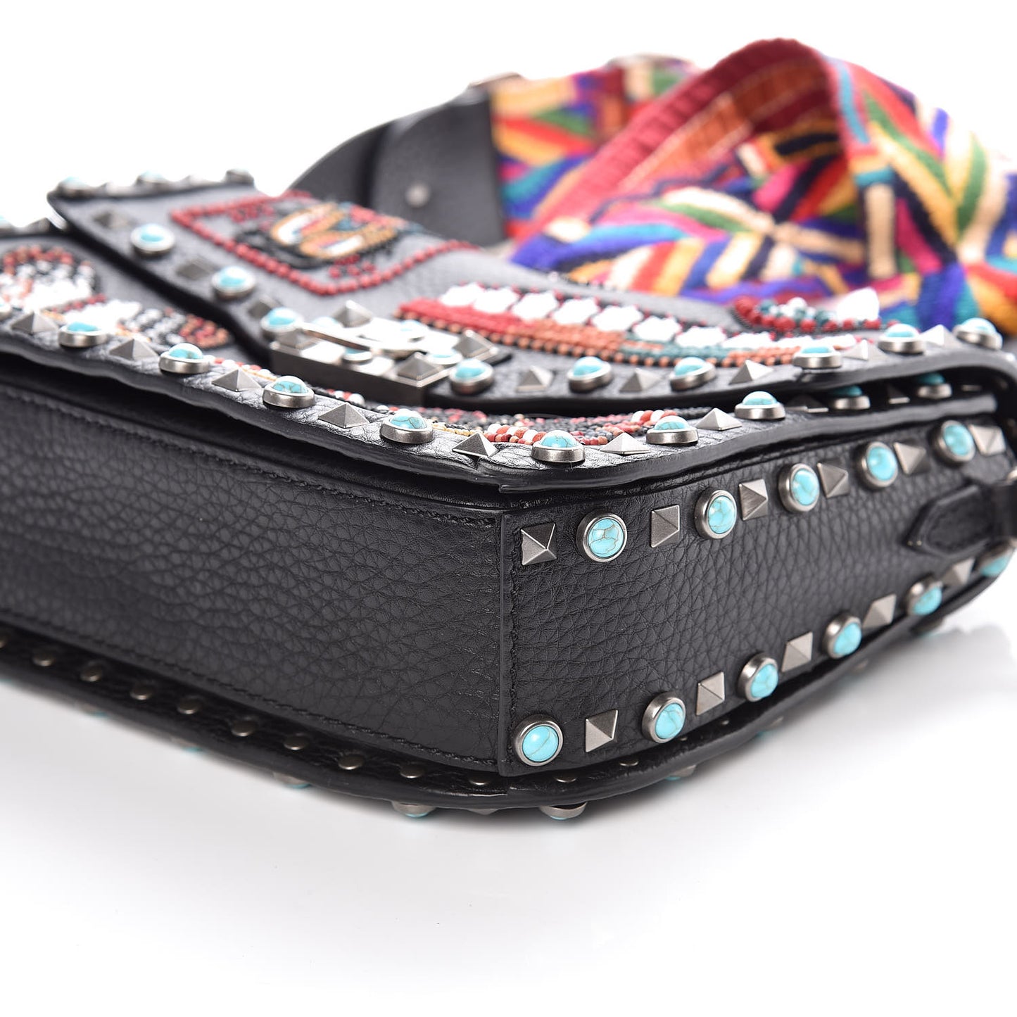 Calfskin Patch Beaded Medium Guitar Strap Rockstud Rolling Flap Saddle Bag Black