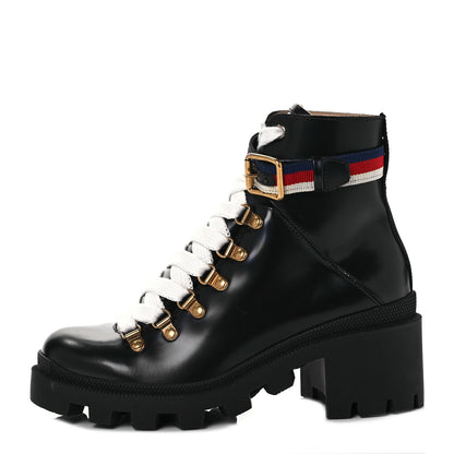 Gucci Calfskin Sylvie Web Womens Lace Up Combat Boots 36.5 Black 1 of 8
