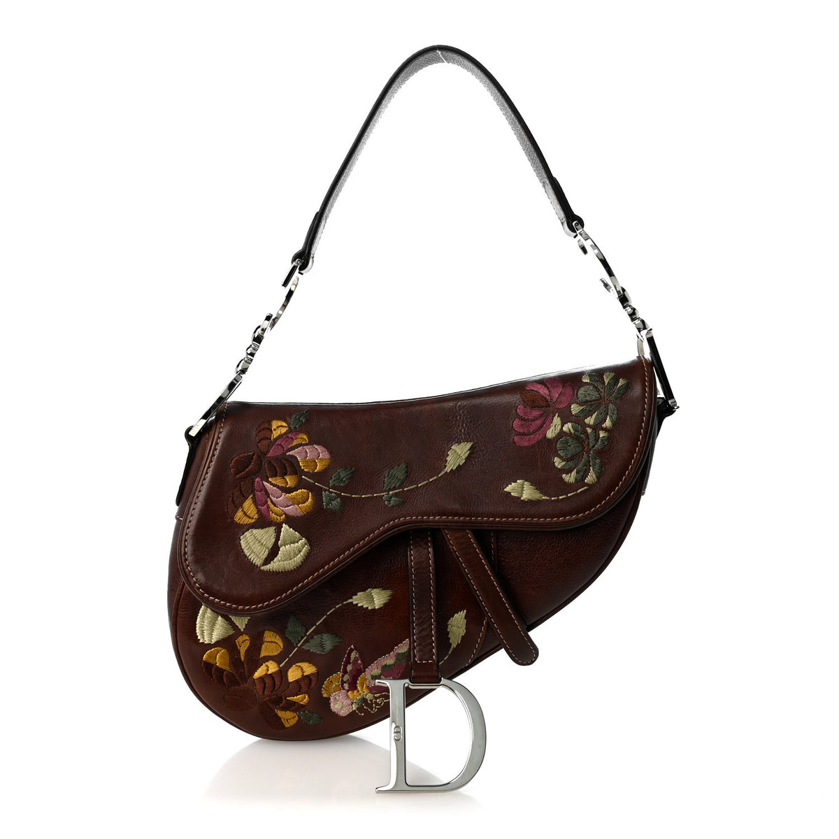 Christian Dior Calfskin Embroidered Romantic Flowers Saddle Bag Brown 1 of 9