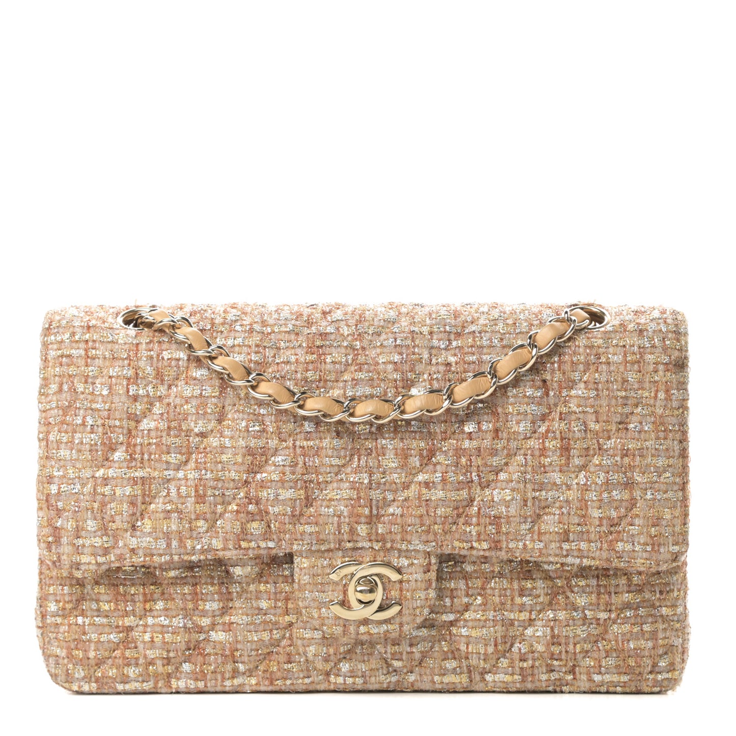 Tweed Quilted Medium Double Flap Brown Gold