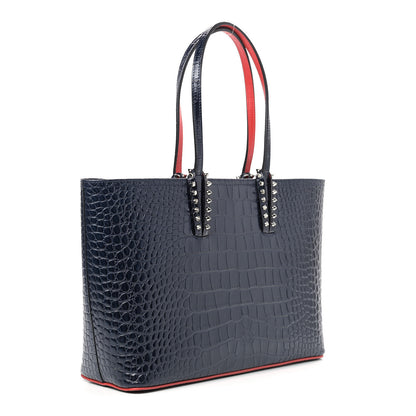 Christian Louboutin Calfskin Crocodile Embossed Spikes East West Cabata Tote Navy 2 of 8