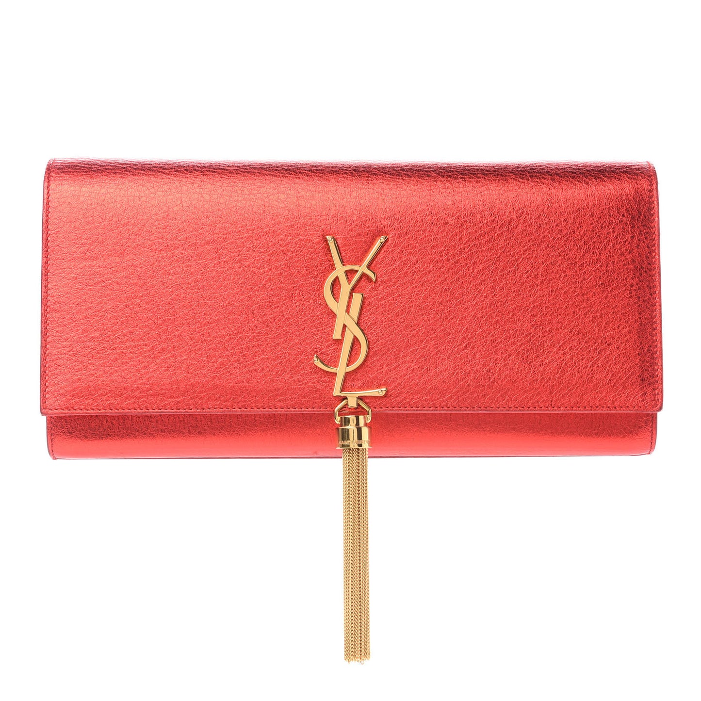 Metallic Textured Calfskin Classic Monogram Tassel Clutch Red