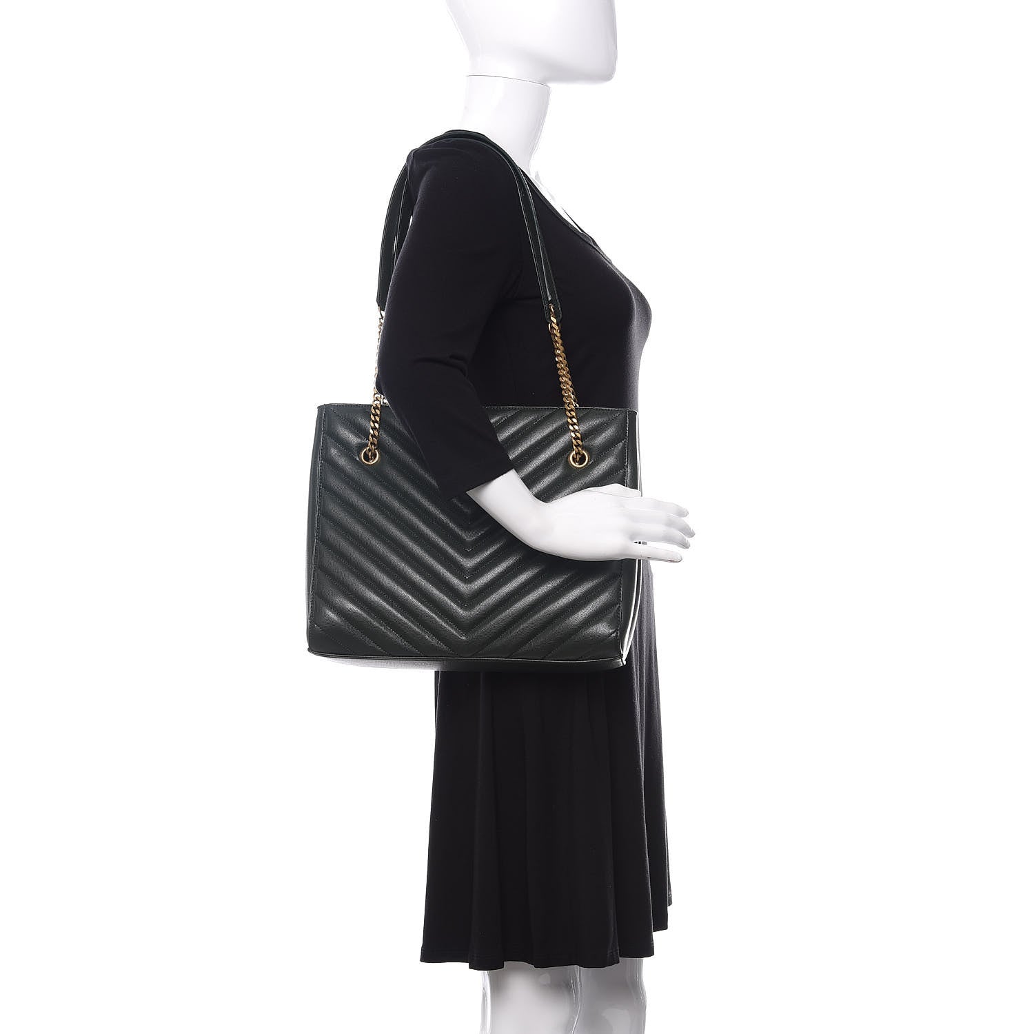 Saint Laurent Grain de Poudre Matelasse Chevron Medium Tribeca Shopping Bag Vert Fonce 2 of 10