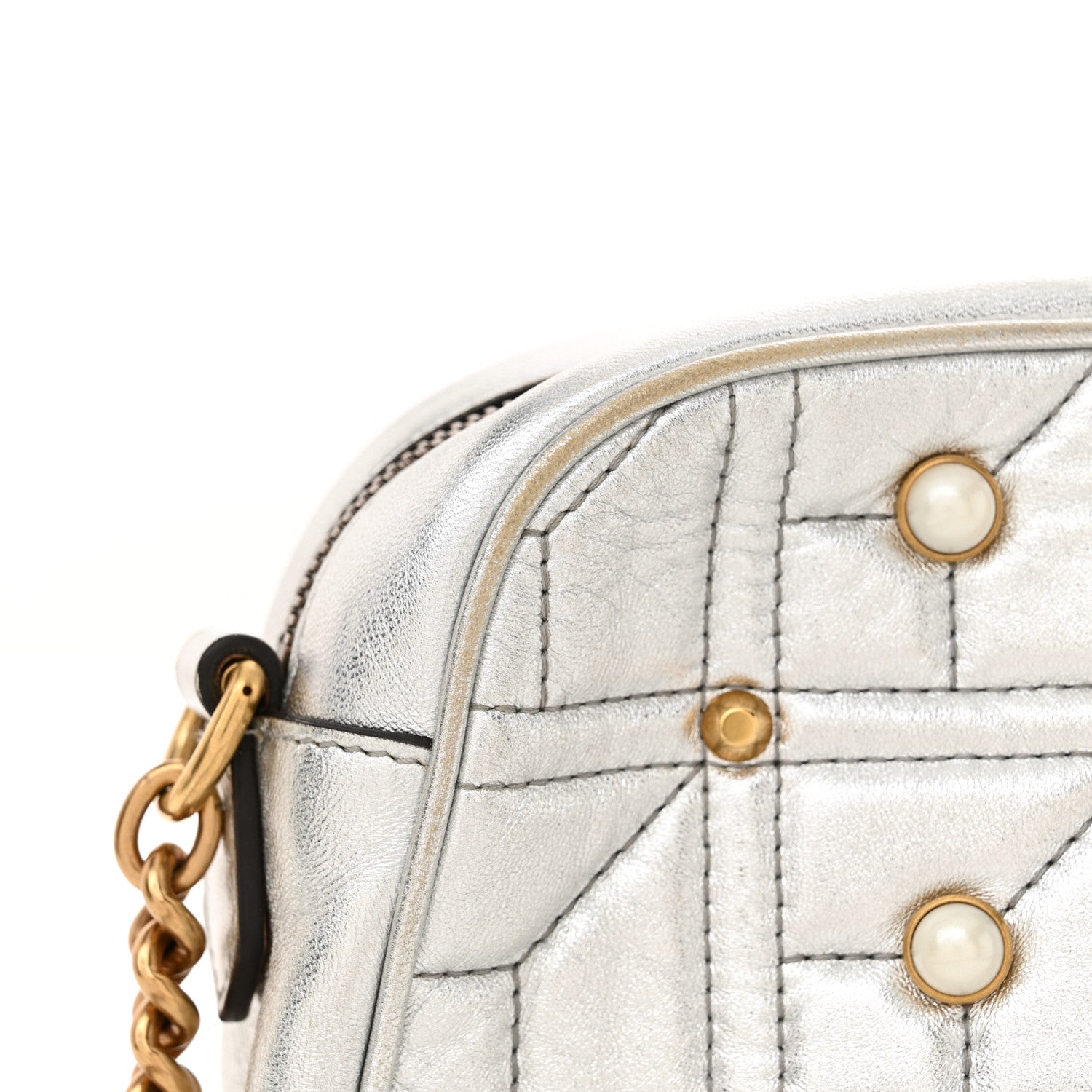 Gucci Metallic Calfskin Matelasse Studded Small Pearly GG Marmont Chain Shoulder Bag Silver 13 of 14