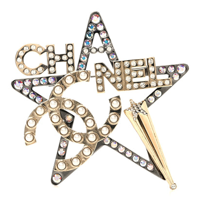 Chanel Ruthenium Crystal Pearl Logo Star Brooch Silver Gold 1 of 3