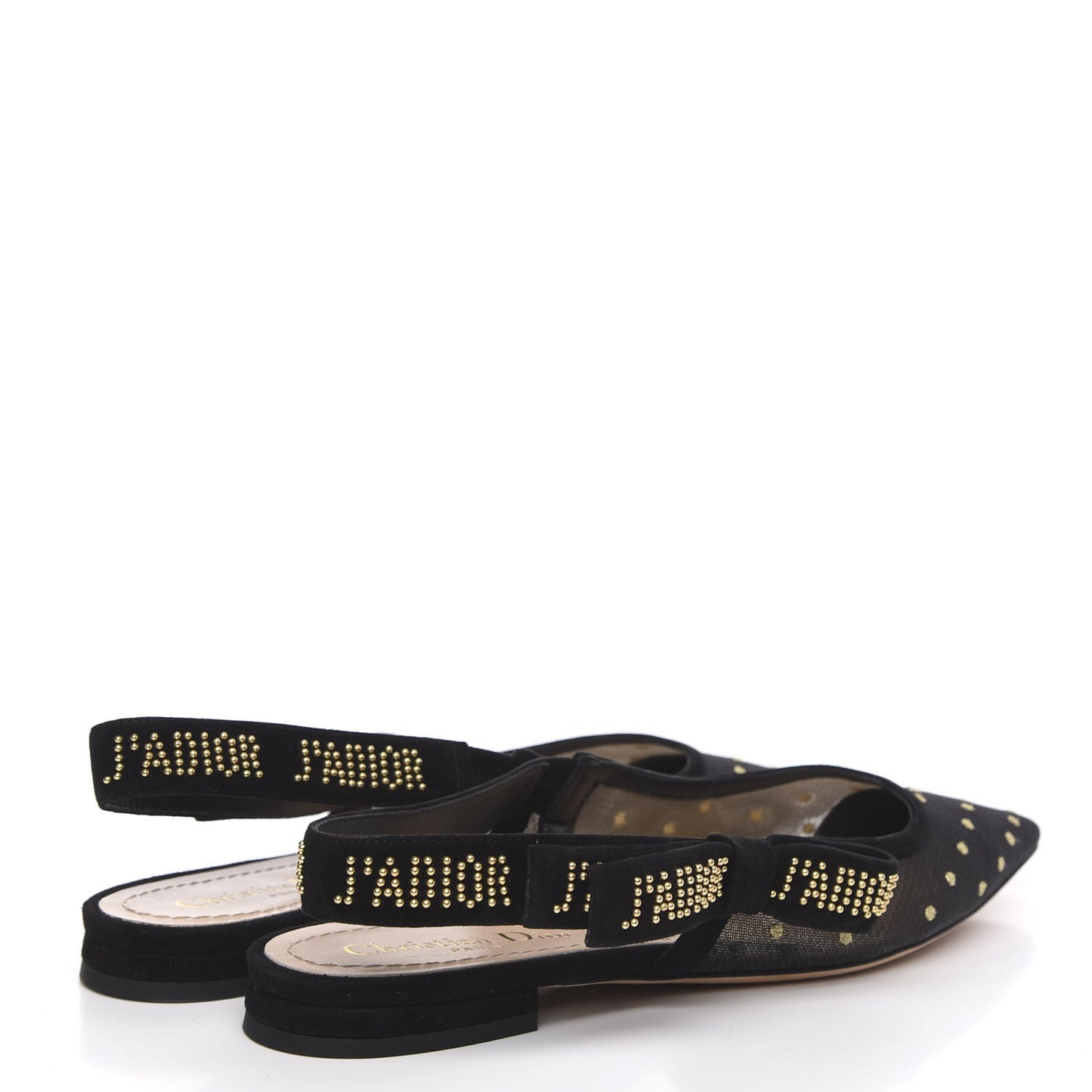 Plumetis Mesh Ribbon Dotted Studded J'Adoir Ballet Flats 38 Black Gold