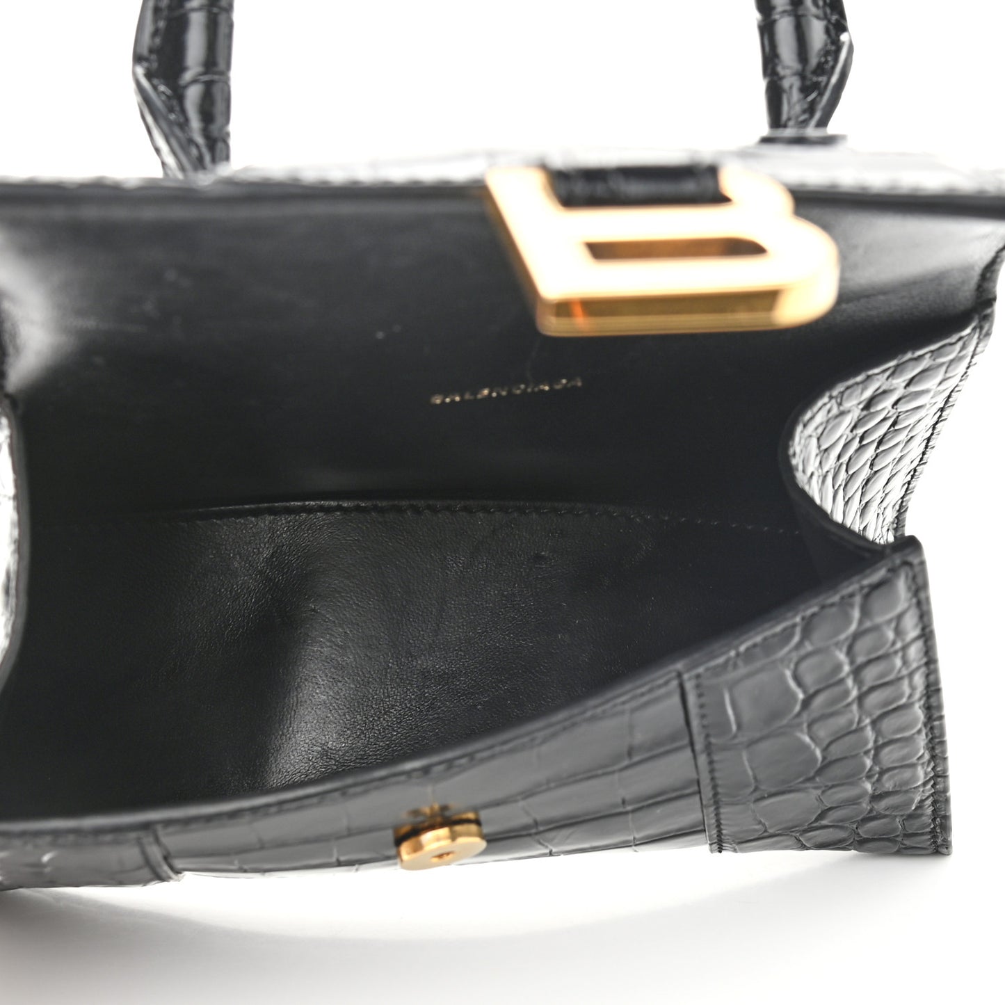 Shiny Calfskin Crocodile Embossed Hourglass Top Handle Bag XS Black