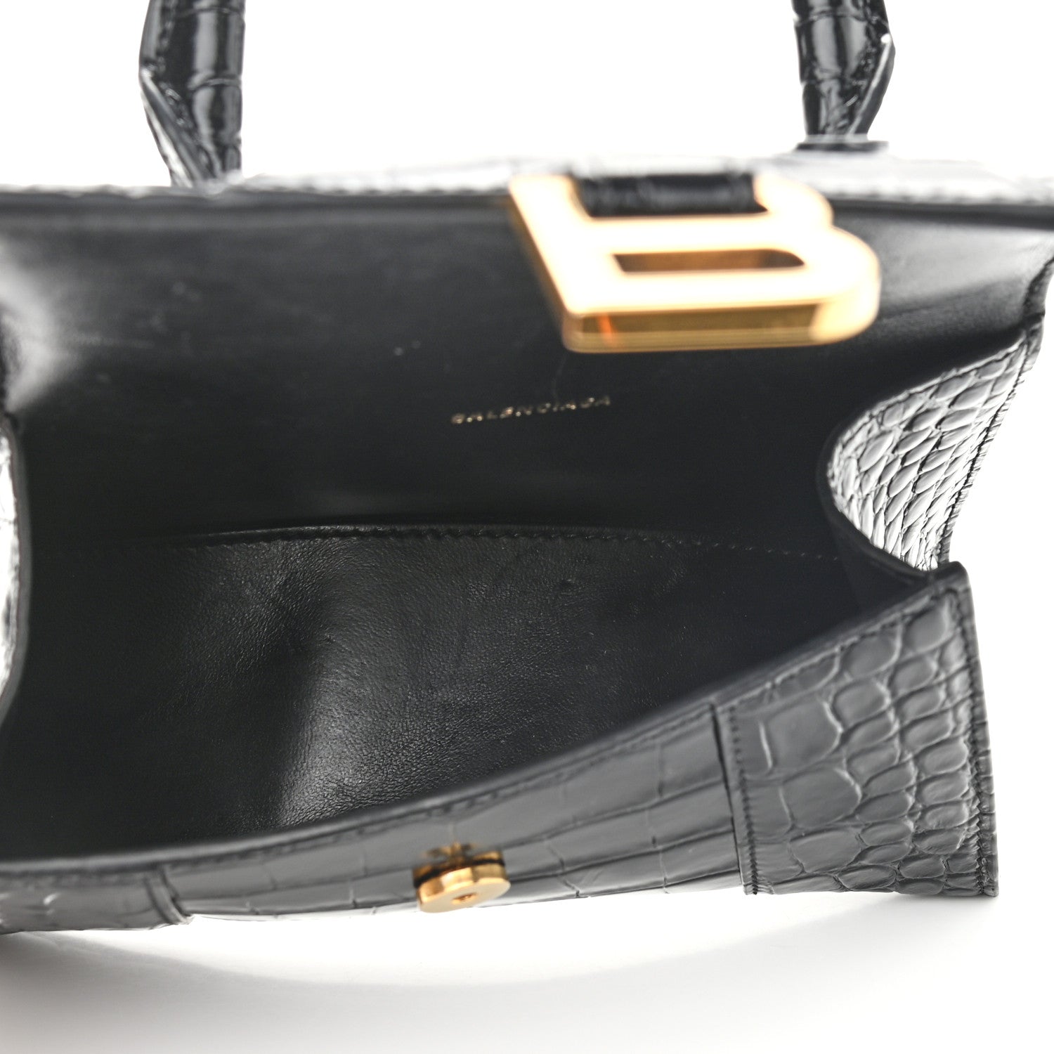 Balenciaga Shiny Calfskin Crocodile Embossed Hourglass Top Handle Bag XS Black 4 of 9