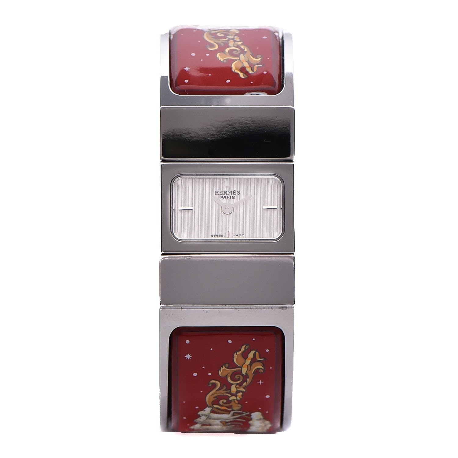 Hermes Stainless Steel Enamel 19mm Printed Horse Loquet Quartz Watch Red 1 of 6