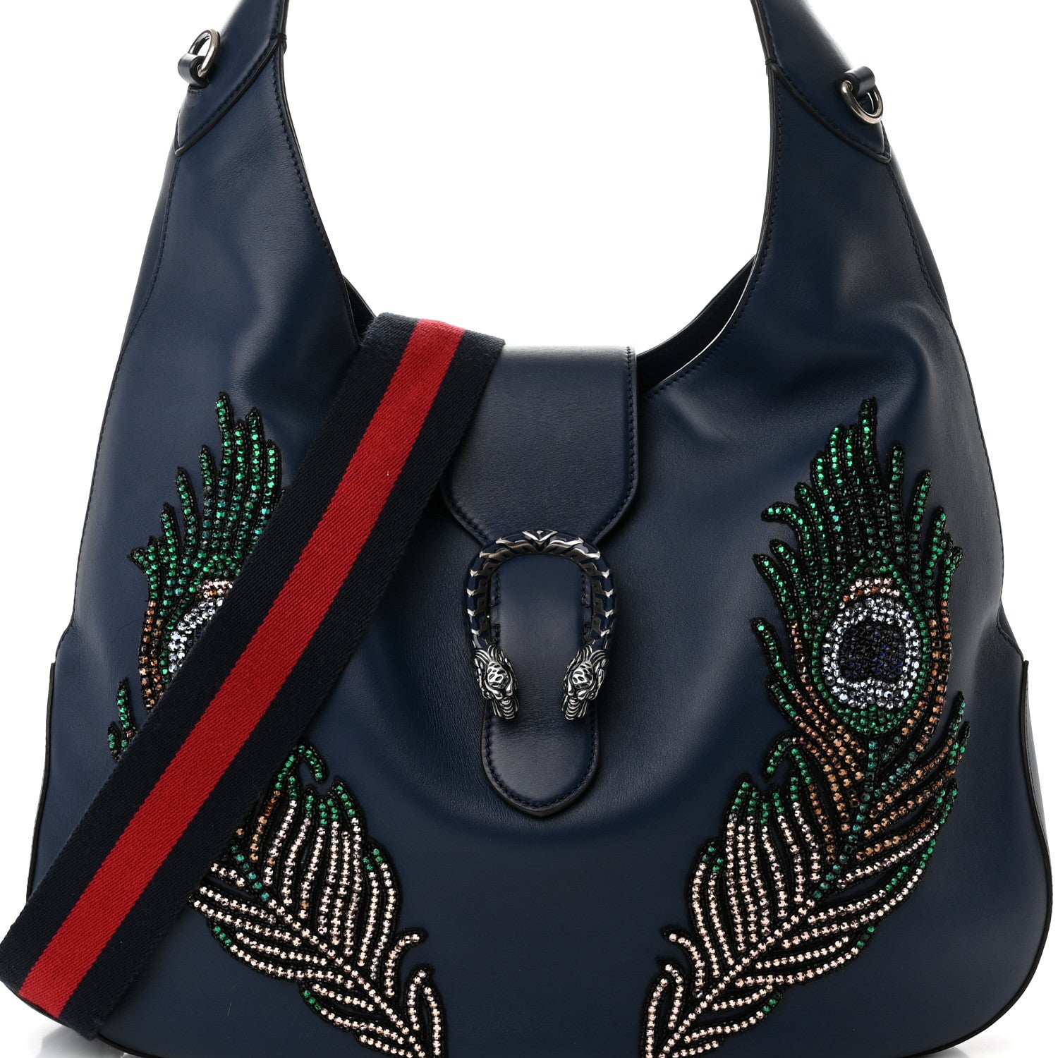 Gucci Calfskin Crystal Feather Embroidered Large Dionysus Hobo Dark Blue 10 of 11