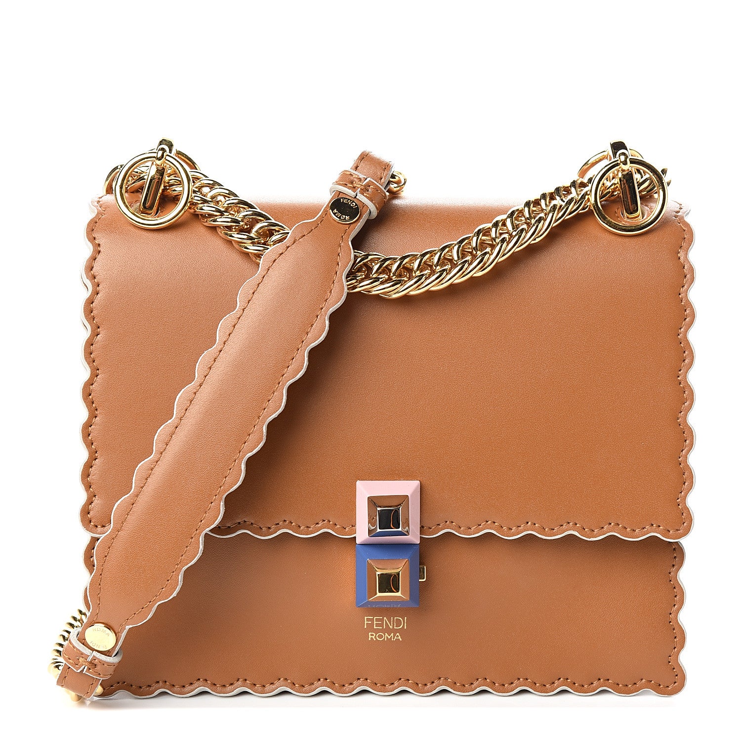 Fendi Vitello Liberty Scalloped Studded Small Kan I Shoulder Bag Caramello 1 of 9