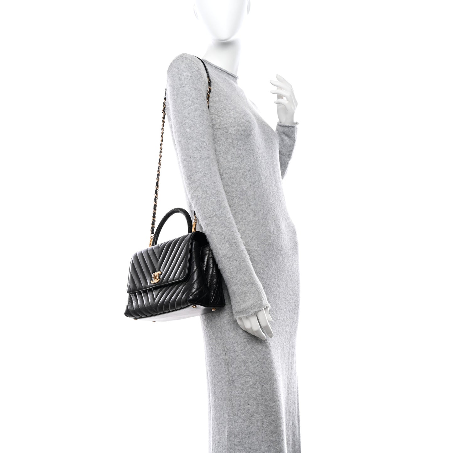 Calfskin Lizard Chevron Quilted Small Coco Handle Flap Black