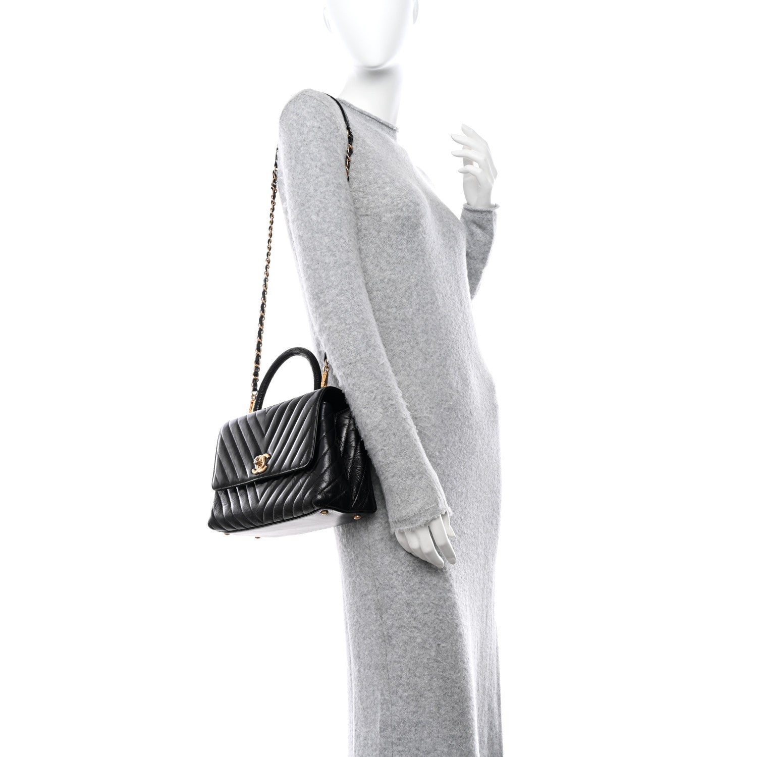 Chanel Calfskin Lizard Chevron Quilted Small Coco Handle Flap Black 2 of 13