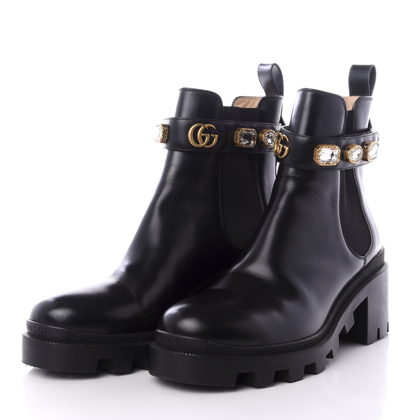 Calfskin Crystal GG Trip Chelsea Ankle Boots 39.5 Black