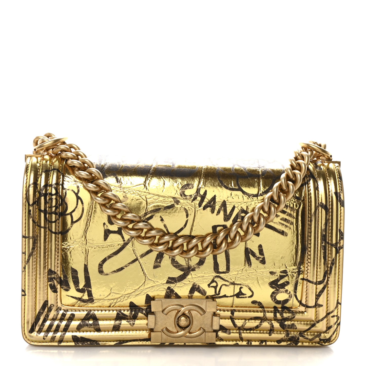 Metallic Calfskin Crocodile Embossed Graffiti Medium Cocodile Boy Flap Gold