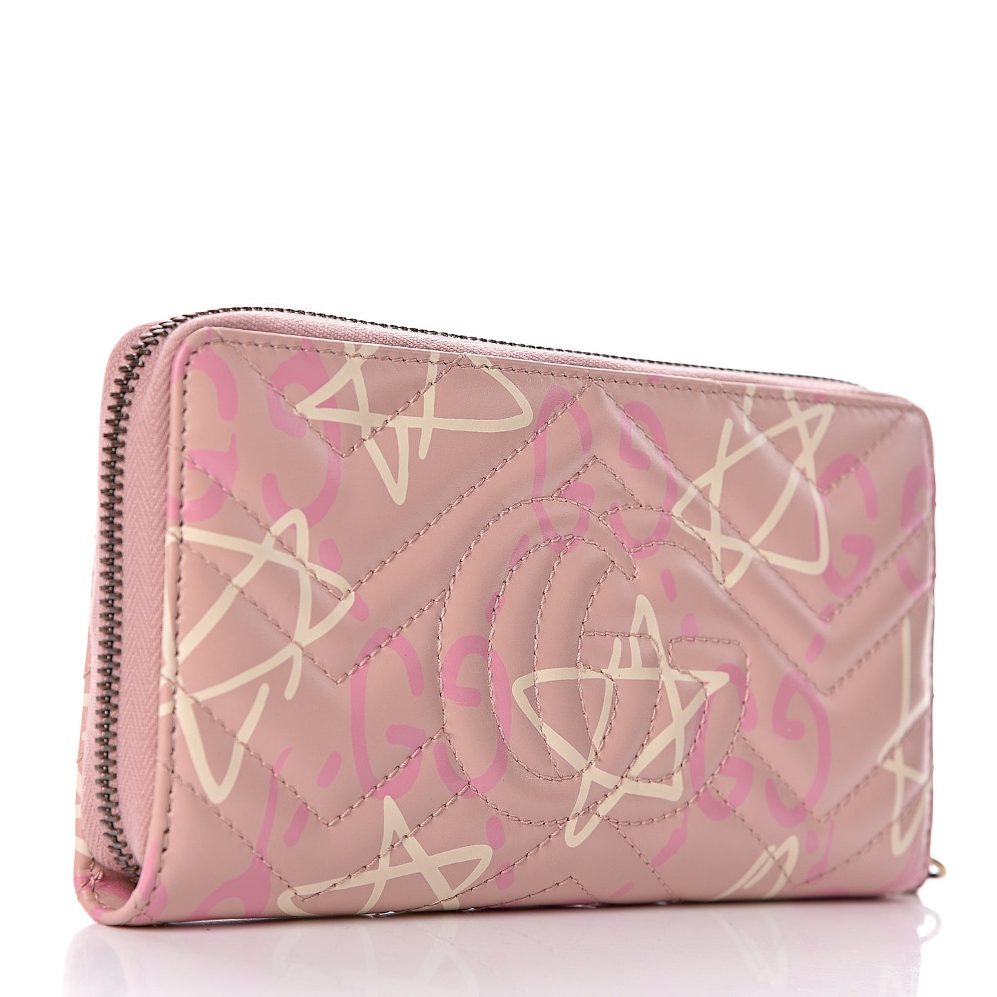 Calfskin Matelasse GucciGhost GG Marmont Zip Around Wallet Perfect Pink Rosa Ivory