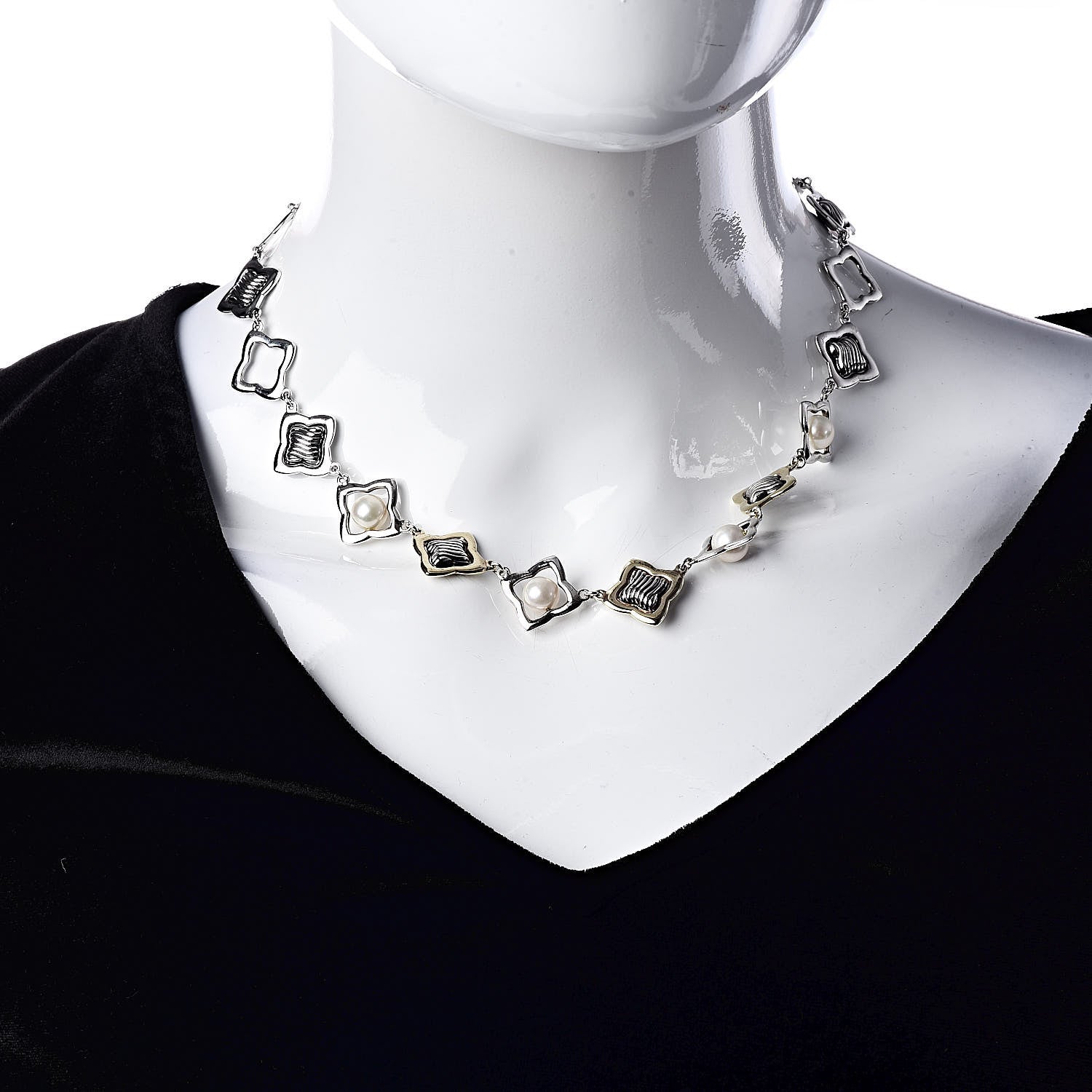 David Yurman Sterling Silver 18K Yellow Gold Pearl Quatrefoil Link Necklace 2 of 5