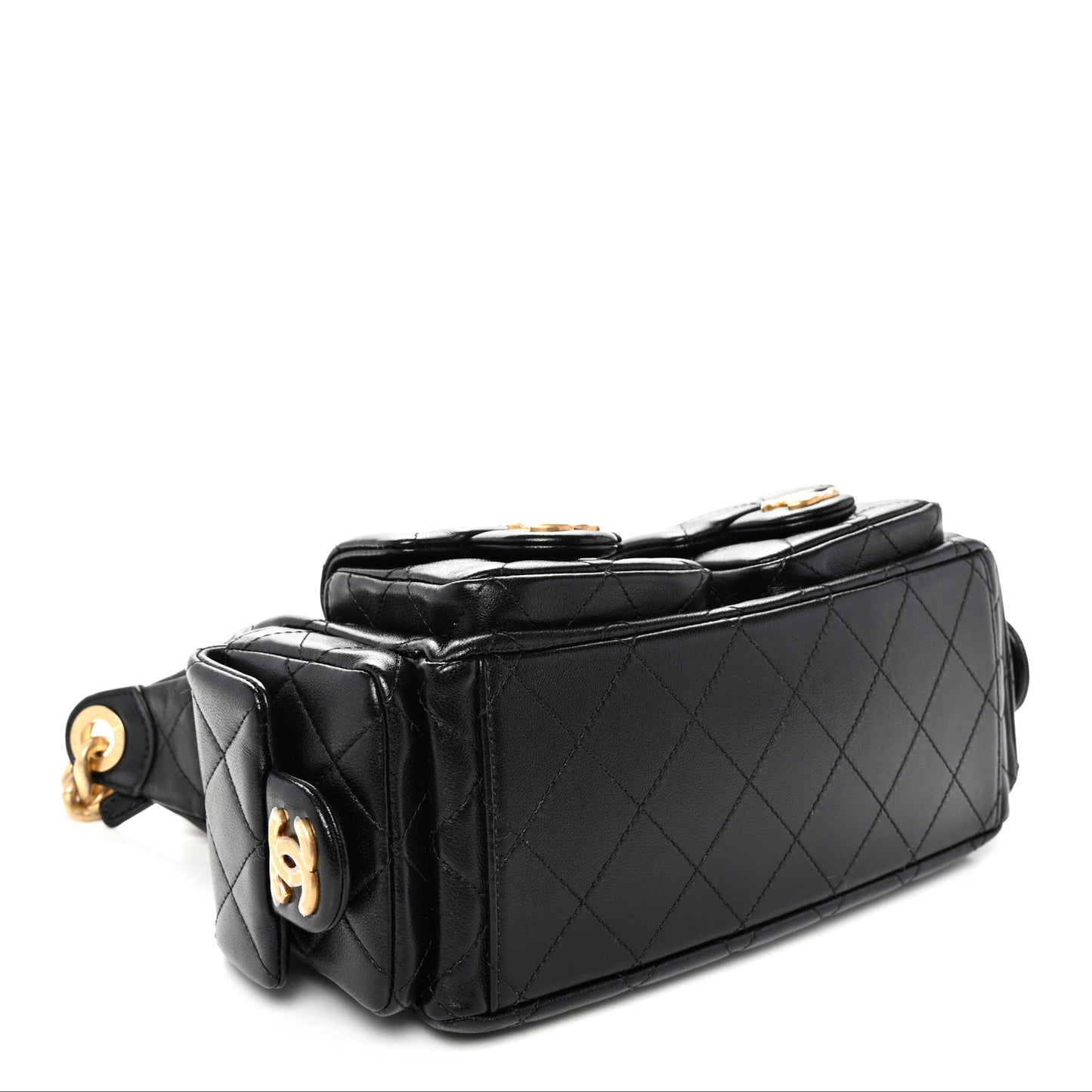 Shiny Lambskin Quilted Trendy Pockets Hobo Black