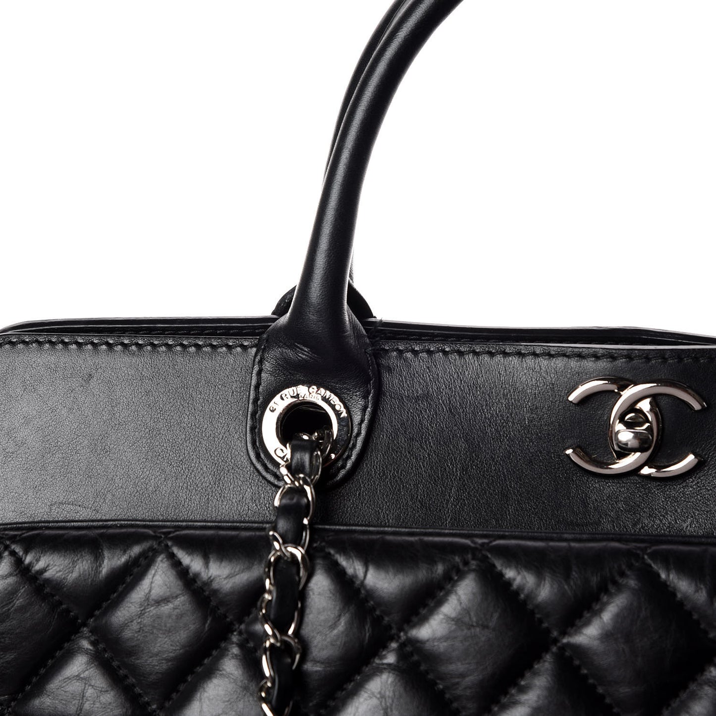Aged Calfskin Quilted Be CC Tote Black