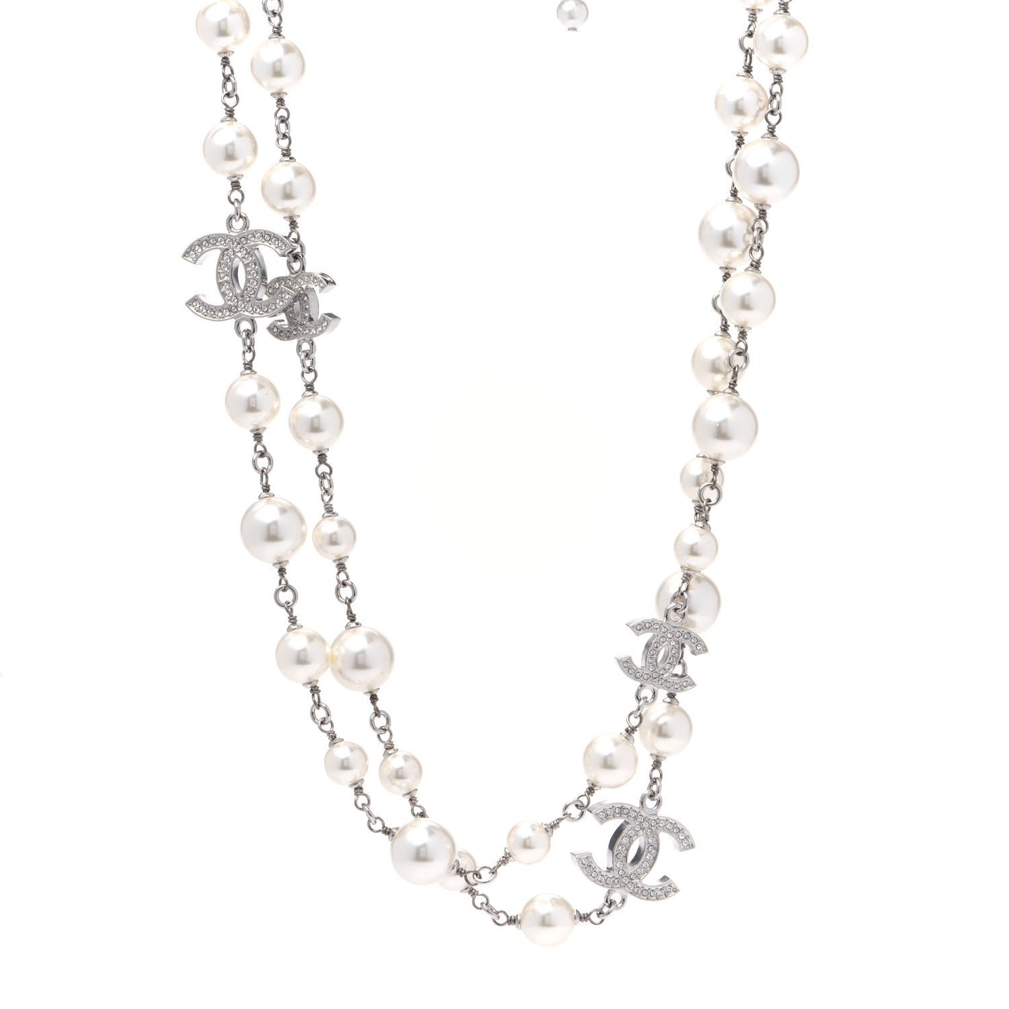 Crystal Pearl CC Long Necklace Silver